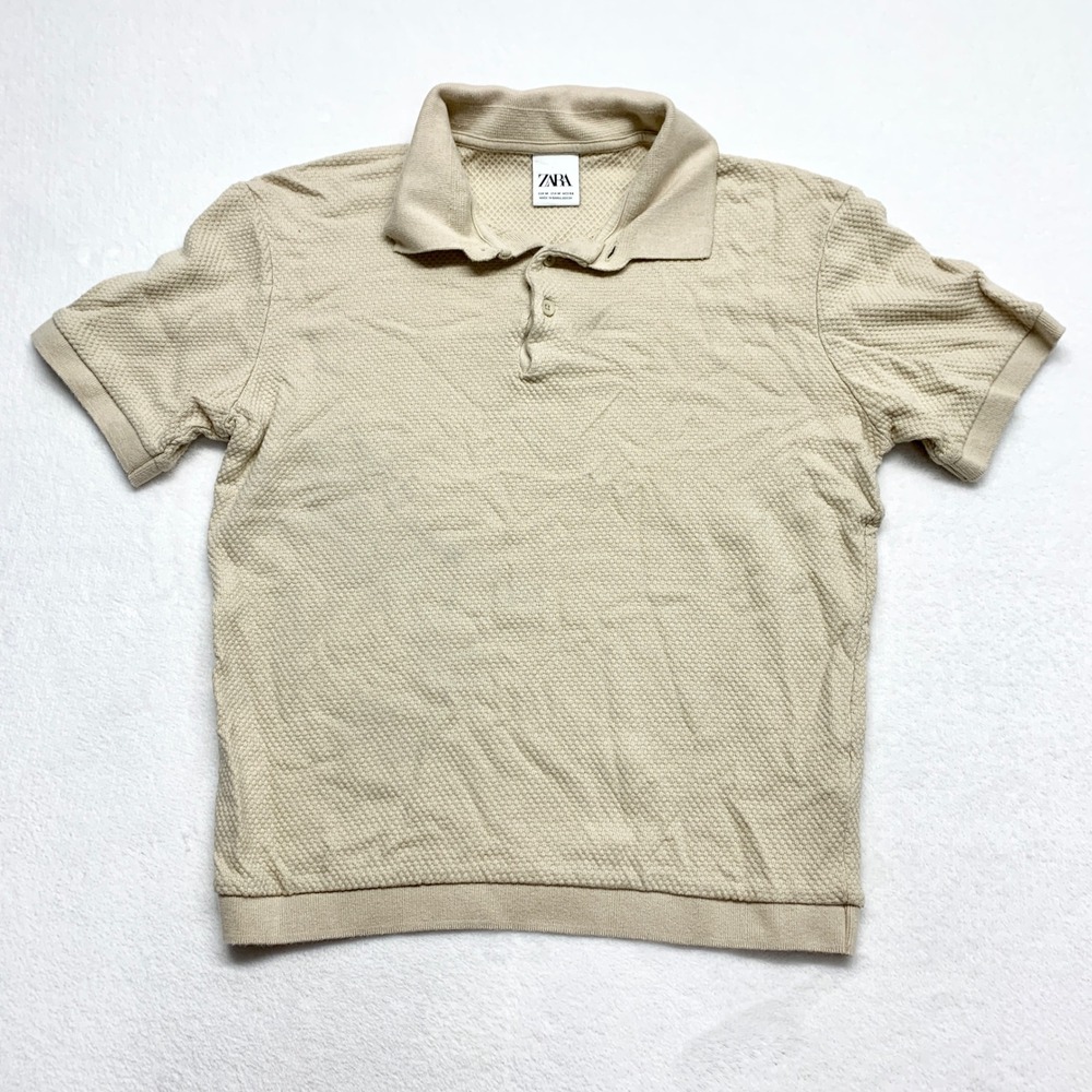 Zara Textured Knit Polo Shirt Mens Size M Beige Short Sleeve Waffle Weave Casual